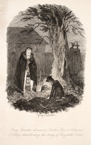 Guy Fawkes upptäcker att Doctor Dee & Edward Kelley sönderfaller Elizabeth Ortons kropp, illustration från Guy Fawkes, eller Gunpowder Treason: an Historical Romance, av William Harrison Ainsworth, pu av George Cruikshank