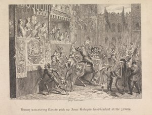 Henry uppfattar Norris plocka upp Anne Boleyns näsduk vid tornerspelen av George Cruikshank