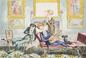 Hummingbirds eller A Dandy Trio, pub. 1835 (handfärgad gravyr) av George Cruikshank
