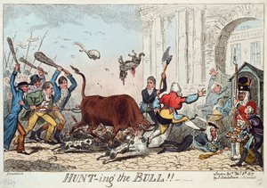 Hunting the Bull, 1817 (färgetsning) av George Cruikshank