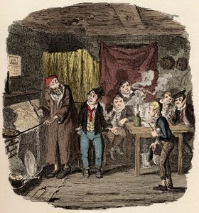 I London, Jack Dawkins Called the Fox presenterar Oliver för Fagin och hans team av malfrats - Oliver presenteras för den respektable gamle gentlemannen - Illustration för "Oliver Twist" (Olivier) (The Adventures of Oliver Twist) av Charles Dickens (1812-1
