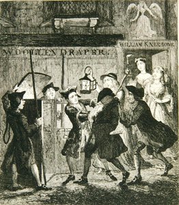 Jack Sheppard som lurar fången Shotbolt, illustration från "Jack Sheppard: A Romance" av William Harrison Ainsworth, publicerad 1839 (etsning). av George Cruikshank