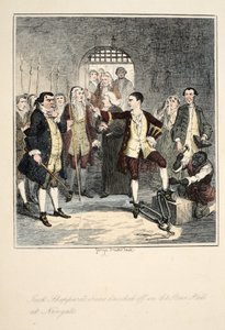 Jack Sheppards järn som slogs av i Stone Hall i Newgate, illustration från Jack Sheppard: A Romance av William Harrison Ainsworth, publicerad 1839 (handfärgad etsning) av George Cruikshank