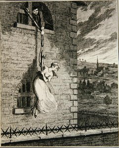 Jack på flykt från Newgate Ward med sin fru Elizabeth Lyon, illustration från "Jack Sheppard: A Romance" av William Harrison Ainsworth, publicerad 1839 (etsning). av George Cruikshank