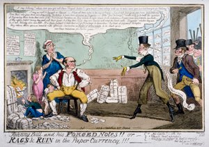 "Johnny Bull och hans förfalskade anteckningar!!!", 1819. av George Cruikshank