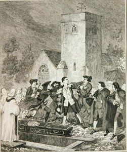 Jonathan Wild griper Jack vid sin mors begravning på Willesden Churchyard, illustration från "Jack Sheppard: A Romance" av William Harrison Ainsworth, publicerad 1839 (etsning) av George Cruikshank