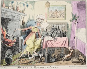 Mixing A Recipe for Corns, pub. 1835 (handfärgad gravyr) av George Cruikshank