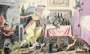 Mixing A Recipe for Corns, pub. 1835 (handfärgad gravyr) av George Cruikshank