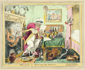 Mixing a Recipe for Corns, publicerad av G. Humphrey, London, 4 december 1822 (färgad etsning) av George Cruikshank