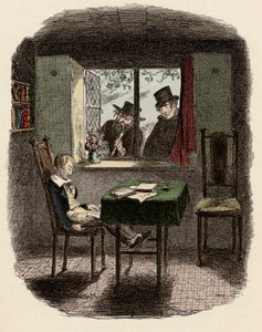 Munkarna och Fagin observerar Oliver som sover i Maylie-biblioteket - Munkarna och juden - Illustration till "Oliver Twist" (Oliver) (Oliver Twists äventyr) av Charles Dickens (1812-1870), av George Cruikshank (1792-1878) . av George Cruikshank