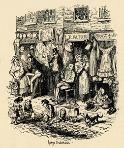 Monmouth Street, Soho, en illustration av G. Cruikshank för Dickens Sketches av Boz. , 1938 av George Cruikshank