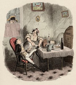 Monsieur Bumble observerar Noe Claypole och Charlotte - Mr Claypole när han dök upp när hans herre var ute - Illustration för "" Oliver Twist"" (Olivier) (The Adventures of Oliver Twist) av Charles Dickens (1812-1870), av George Cruikshank ( 1792-1878). av George Cruikshank