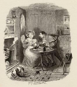Mr Bumble och Mrs Corney dricker te, från "The Adventures of Oliver Twist" av Charles Dickens (1812-70) 1838, publicerad av Chapman und Hall, 1901 av George Cruikshank