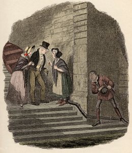 Noe Claypole spionerar på det hemliga mötet mellan Mr. Brownlow, Rose Maylie och Nancy - Mötet - Illustration för "" Oliver Twist"" (Olivier) (The Adventures of Oliver Twist) av Charles Dickens (1812-1870), av George Cruikshank (1792-1878). av George Cruikshank