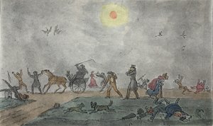 November - Old Style - Sväva genom dimman och smutsig luft, pub. 1835. av George Cruikshank