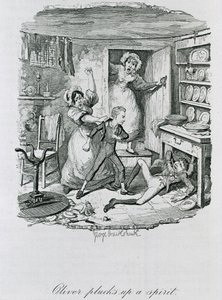 Oliver plockar upp en ande, 1837 av George Cruikshank