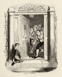 Oliver Twist vid Mrs Maylies dörr, från "The Adventures of Oliver Twist" av Charles Dickens (1812-70) 1838, publicerad av Chapman und Hall, 1901 av George Cruikshank