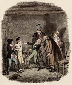 Oliver Twist mottogs av gamle Fagin och hans team - Oliver mottagning av Fagin och pojkarna - Illustration för "" Oliver Twist"" (Olivier) (The Adventures of Oliver Twist) av Charles Dickens (1812-1870), av George Cruikshank (1792) -1878).