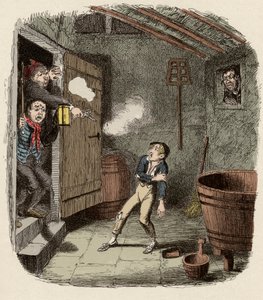 Oliver överraskade och sårade under inbrottsförsöket - Inbrottet - Illustration för "" Oliver Twist"" (Olivier) (The Adventures of Oliver Twist) av Charles Dickens (1812-1870), av George Cruikshank (1792-1878). av George Cruikshank