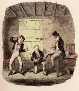 Oliver vaxar rävens skor medan Charley Bates förklarar farorna med att hänga - Master Bates förklarar en professionell teknisk detalj - Illustration för "Oliver Twist" (Olivier) (The Adventures of Oliver Twist) av Charles Dickens (1812-1870), av George Cru av George Cruikshank