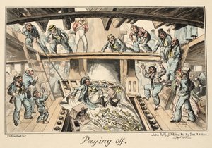 Paying Off, from Greenwich Hospital, a Series of Naval Sketches, Descriptive of a Life of a Man-of-Wars Man, pub. 1826 (handkolorerat gravyr) av George Cruikshank