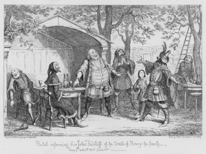 Pistol som informerar Sir John Falstaff om Henry den fjärdes död av George Cruikshank