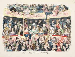 Pit Boxes och Galleri, pub. 1836 (handfärgad gravyr) av George Cruikshank