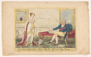 Prinsessan Charlotte lekte med sin holländska snurra, 1814 Fröken strävar efter att väcka en Glow med sin holländska leksak (titel på objekt) av George Cruikshank