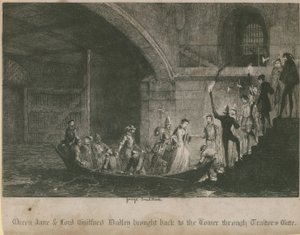 Drottning Jane och lord Guilford Dudley fördes tillbaka till Towern genom Traitors Gate av George Cruikshank