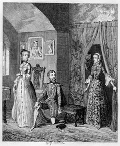 Drottning Mary överraskade Courtenay och prinsessan Elizabeth, 1553-1555 1840 av George Cruikshank