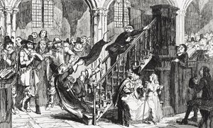 Pastor Holdenough under en gudstjänst, illustration från "Woodstock" av Sir Walter Scott (1771-1832), publicerad 1845. av George Cruikshank