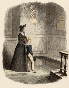 Rose Maylie och Oliver framför minnestavlan av Agnes, deras syster och mor - Rose Maylie och Oliver - Illustration för "" Oliver Twist"" (Olivier) (The Adventures of Oliver Twist) av Charles Dickens (1812-1870), av George Cruikshank (179 av George Cruikshank