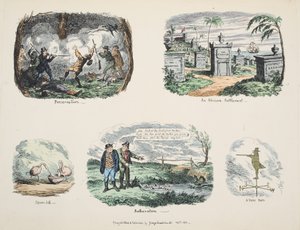 Scraps and sketches: Preservation, An African Settlement, Spoon-bill, Botheration, A Vane Man, pub. 1831 (handfärgad gravyr) av George Cruikshank