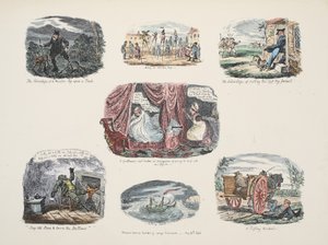 Serie illustrationer om fördelarna och bristerna med att ha ett träben, pub. 1828 (handfärgad gravyr) av George Cruikshank