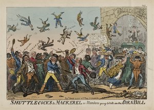 Fjädrar och makrill, eller medlemmar som ska rösta om majsförslaget, den 14 mars av George Cruikshank