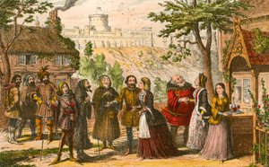 Sir John Falstaff på besøg hos sin ven Page i Windsorswed av George Cruikshank
