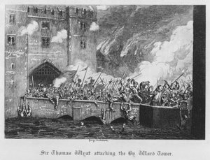 Sir Thomas Wyatt attackerar Byward Tower (gravyr) av George Cruikshank