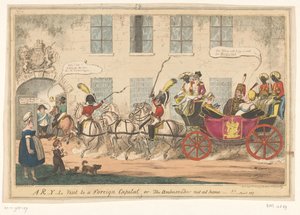 Spotprent på prinses Caroline, 1817 Ett R-Y-L besök i en utländsk huvudstad eller, ambassadören inte hemma-!! (titel på objekt) av George Cruikshank
