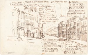 Gatuperspektiv med företagsplatser märkta av George Cruikshank