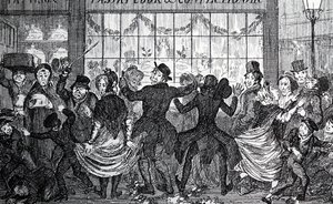 Gatubarn som orsakar kaos i folkmassan utanför en konditori- och konditoributik på Tolvtagarnatten. av George Cruikshank