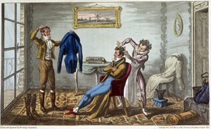 Tailleur et coiffeur à domicile - i "" Life in Paris"" av David Carey, ill. av George Cruikshank, red. Fairburn, London av George Cruikshank