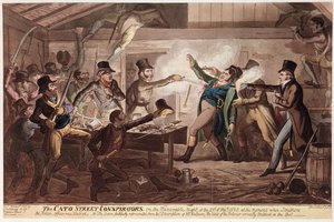 The Cato Street Conspirators, pub. av G. Humphrey, 9 mars 1820 (färgad litho) av George Cruikshank