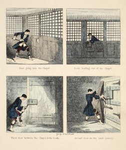 The Escape No. 2, illustration från Jack Sheppard: A Romance av William Harrison Ainsworth, pub. 1839 (handfärgad gravyr) av George Cruikshank