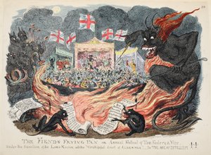 The Fiends Frying Pan eller Annual Festival of Tom Foolery & Vice, pub. 1832 (handfärgad gravyr) av George Cruikshank