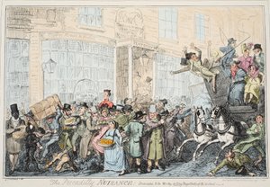 The Piccadily Nuisance, pub. 1936 (handfärgad gravyr) av George Cruikshank
