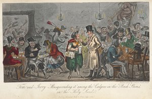 Tom och Jerry "Masquerading it" bland cadgers i "svarta slummen", i det heliga landet, "Life in London, etc.", av Pierce Egan av George Cruikshank