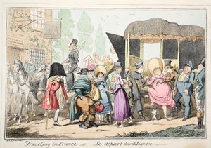 Resa i Frankrike eller Le Depart de la Diligence, pub. 1835 (handfärgad etsning) av George Cruikshank
