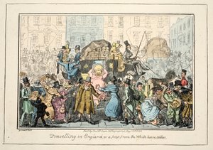 Att resa i England – eller en titt från White Horse Cellar, pub. 1835 (handfärgad gravyr) av George Cruikshank