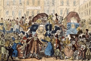 Att resa i England, eller en titt från White Horse Cellar, 1819 (handfärgad etsning) av George Cruikshank