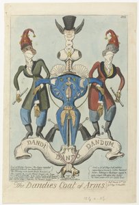 Två klädda apor håller i ett mannekängformat vapen The Dandies Coat of Arms (titel på objekt) av George Cruikshank